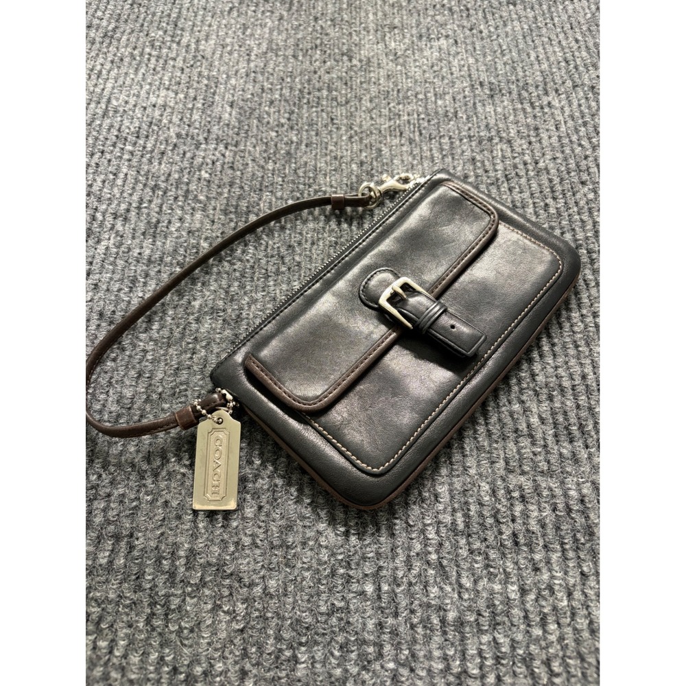 COACH Black Leather Buckle Front Wristlet Wallet with Brown Trim Silver Hardware